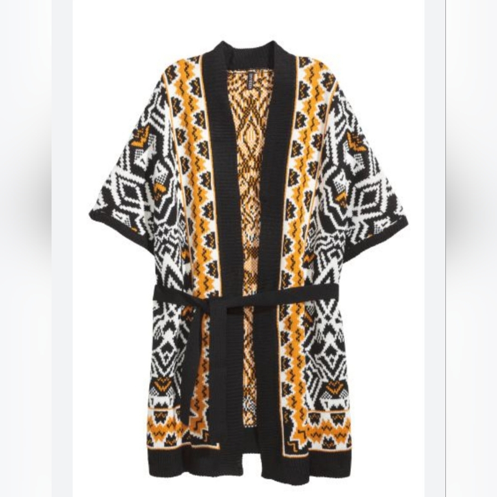 EUC H&M Divided Jaquard Knit Belted Boho Kimono Style Cardigan Size Small - Picture 2 of 7